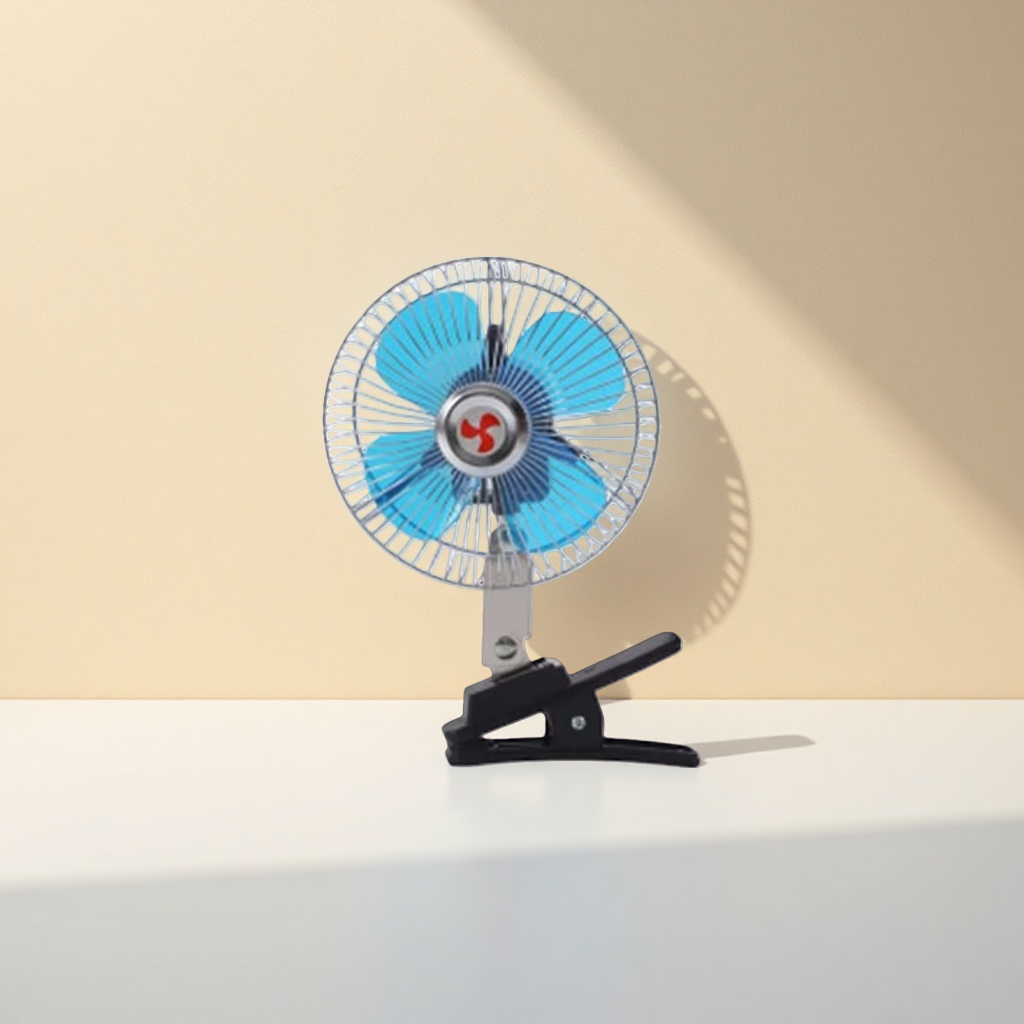 A portable desktop fan with adjustable wind speed and USB charging, featuring blue fan blades and clamp-on design Application Scenario