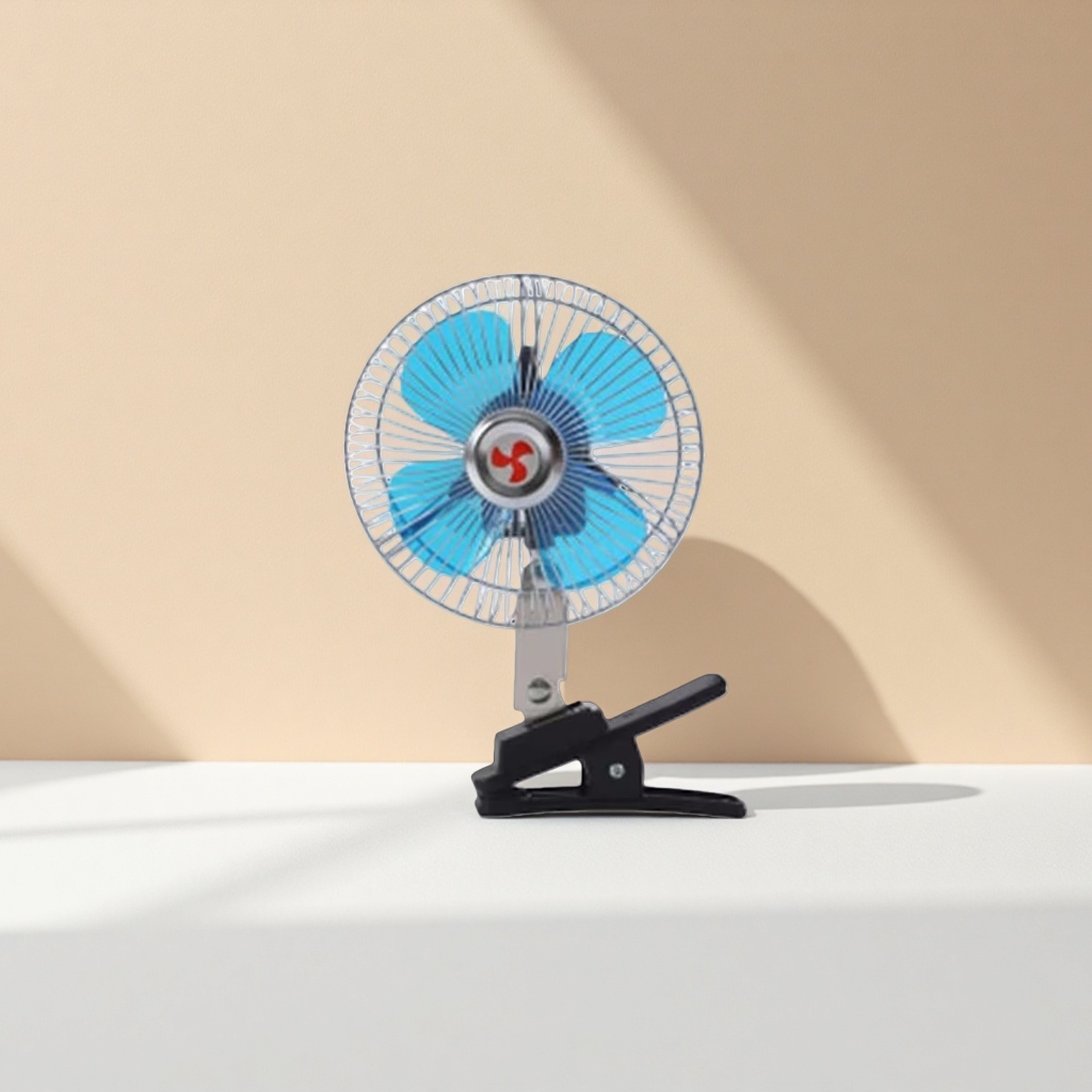 A portable desktop fan with adjustable wind speed and USB charging, featuring blue fan blades and clamp-on design