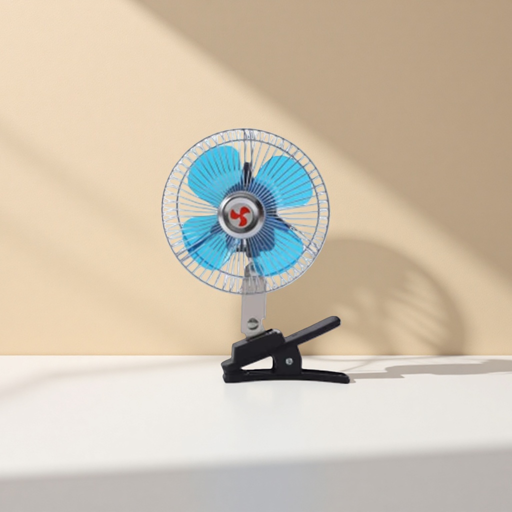 A portable desktop fan with adjustable wind speed and USB charging, featuring blue fan blades and clamp-on design details Picture