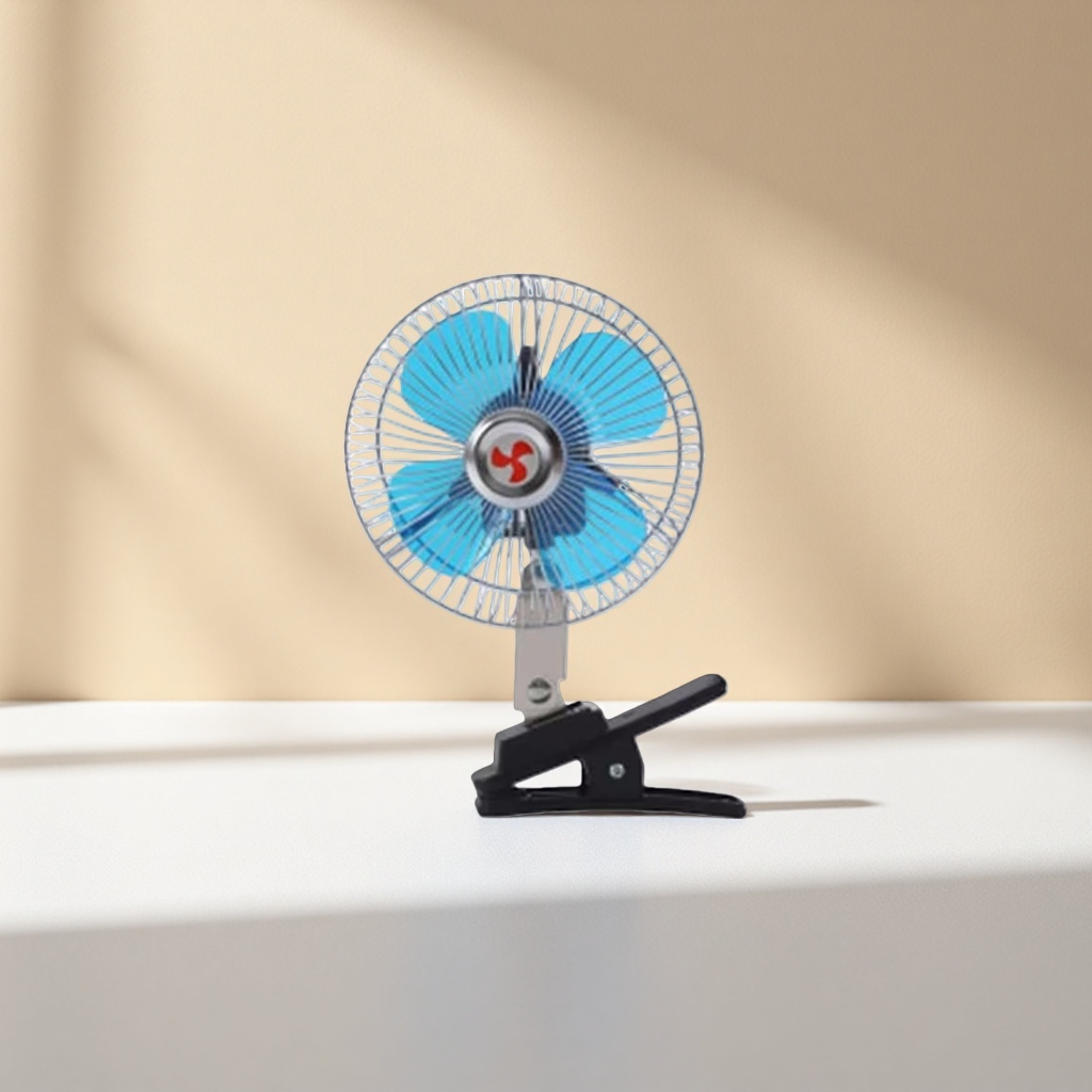 A portable desktop fan with adjustable wind speed and USB charging, featuring blue fan blades and clamp-on design Specification image