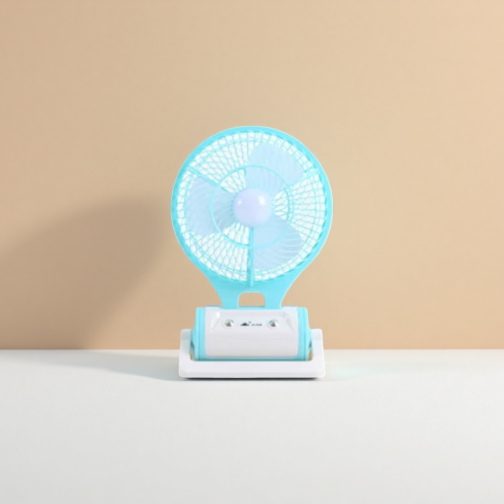 Light blue folding fan with lighting, strong wind, soft noise, foldable and portable