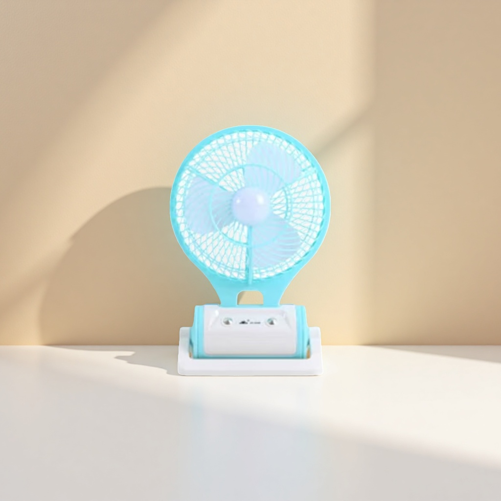 Light blue folding fan with lighting, strong wind, soft noise, foldable and portable details Picture