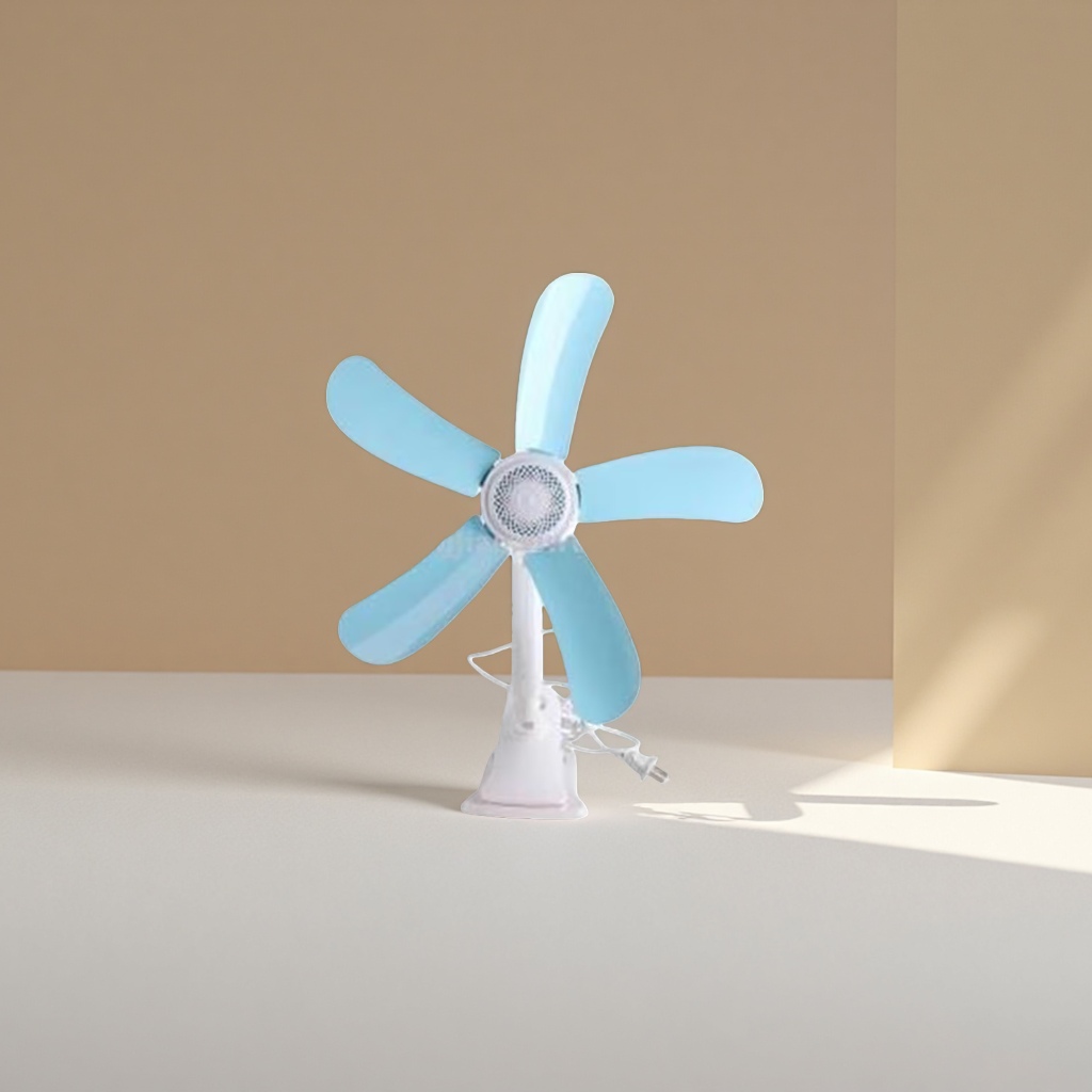 The light blue leaf and white base floor fan is a quiet and energy-saving home fan suitable for both bedrooms and living rooms Specification image
