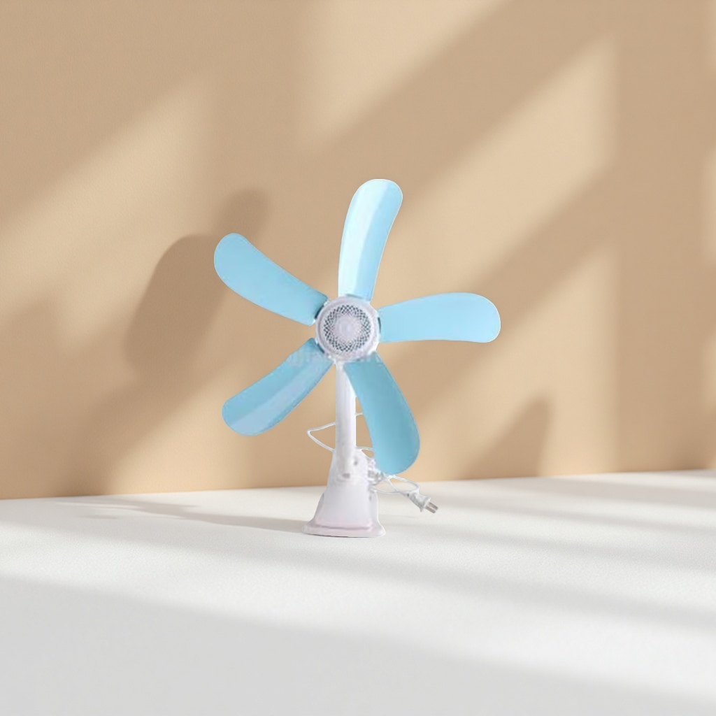 The light blue leaf and white base floor fan is a quiet and energy-saving home fan suitable for both bedrooms and living rooms