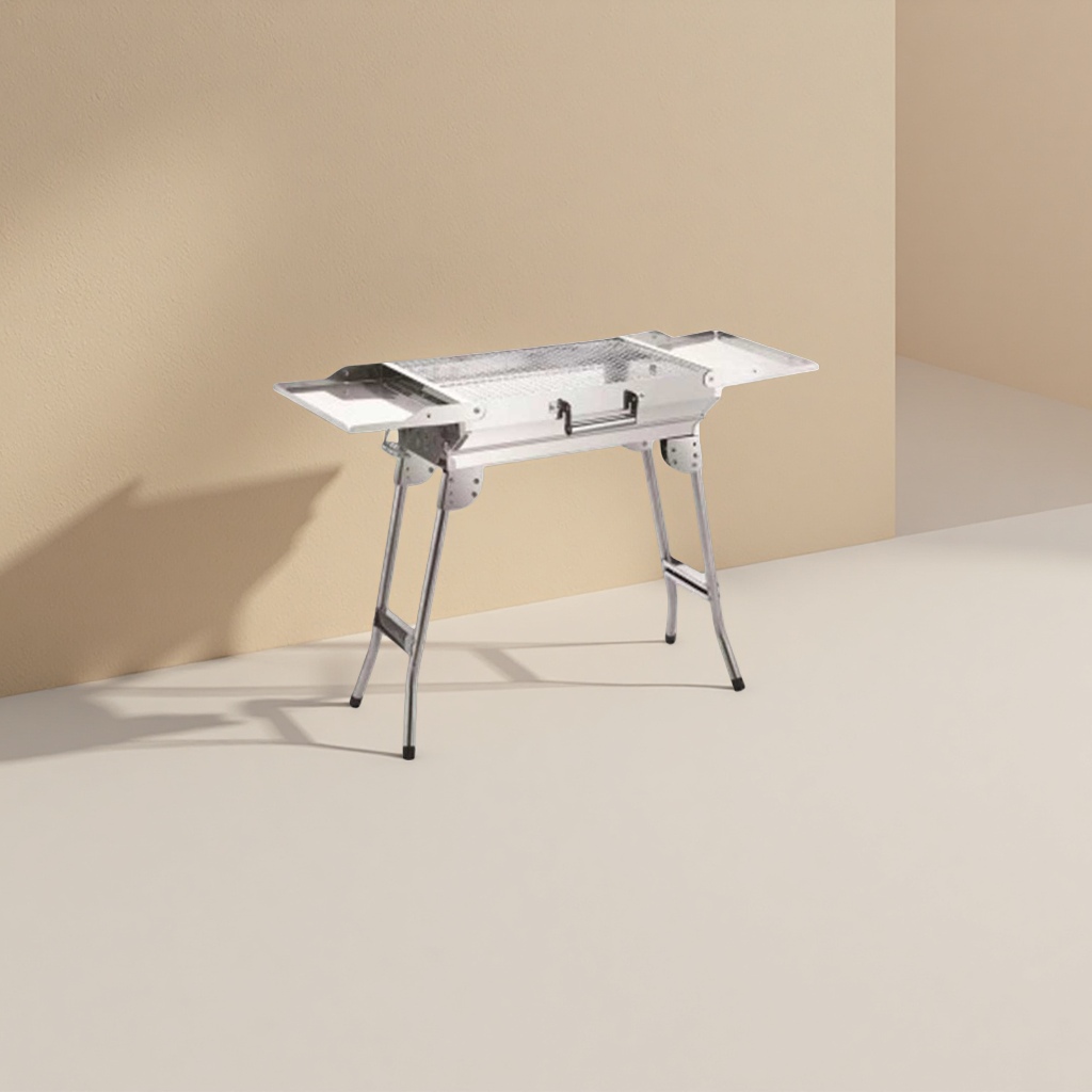 Silver stainless steel outdoor barbecue grill, portable folding household barbecue grill Application Scenario