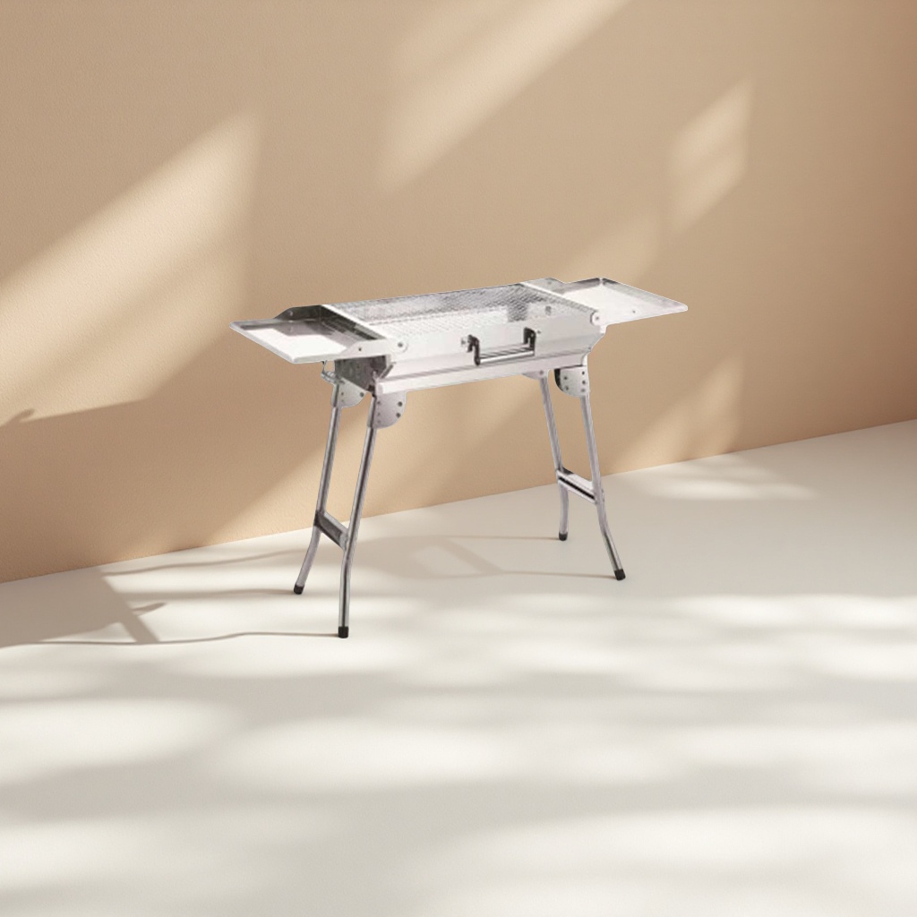 Silver stainless steel outdoor barbecue grill, portable folding household barbecue grill