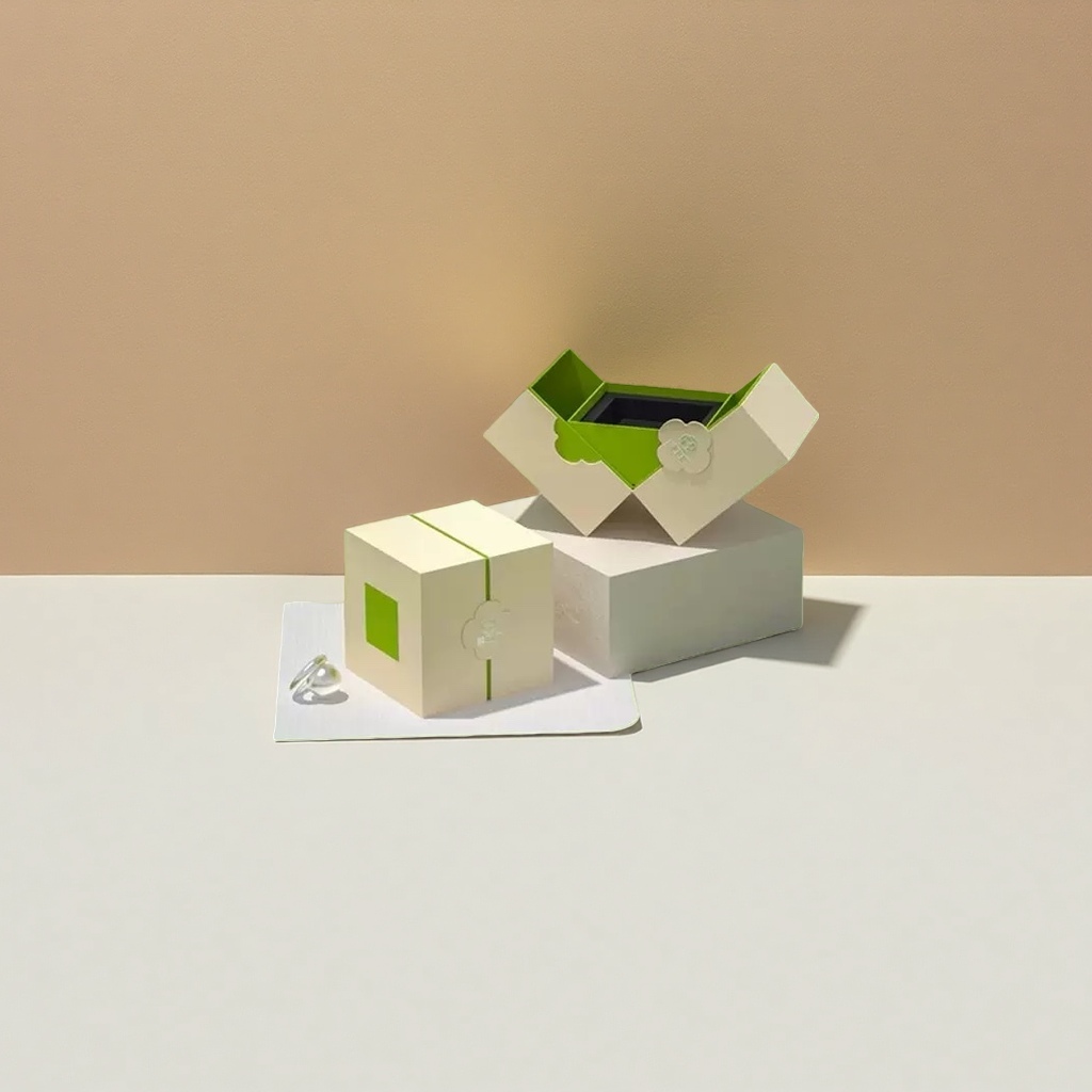 Green luxury double-opening gift box, beige square box with cloud label, black inner liner and silver ring display stand