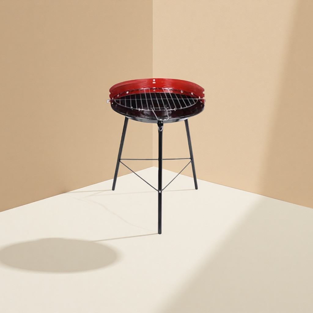 Red lid, black grill, tripod stand, portable and stable support for barbecue and camping details Picture