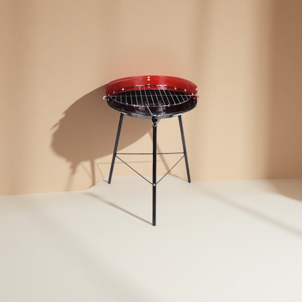 Red lid, black grill, tripod stand, portable and stable support for barbecue and camping