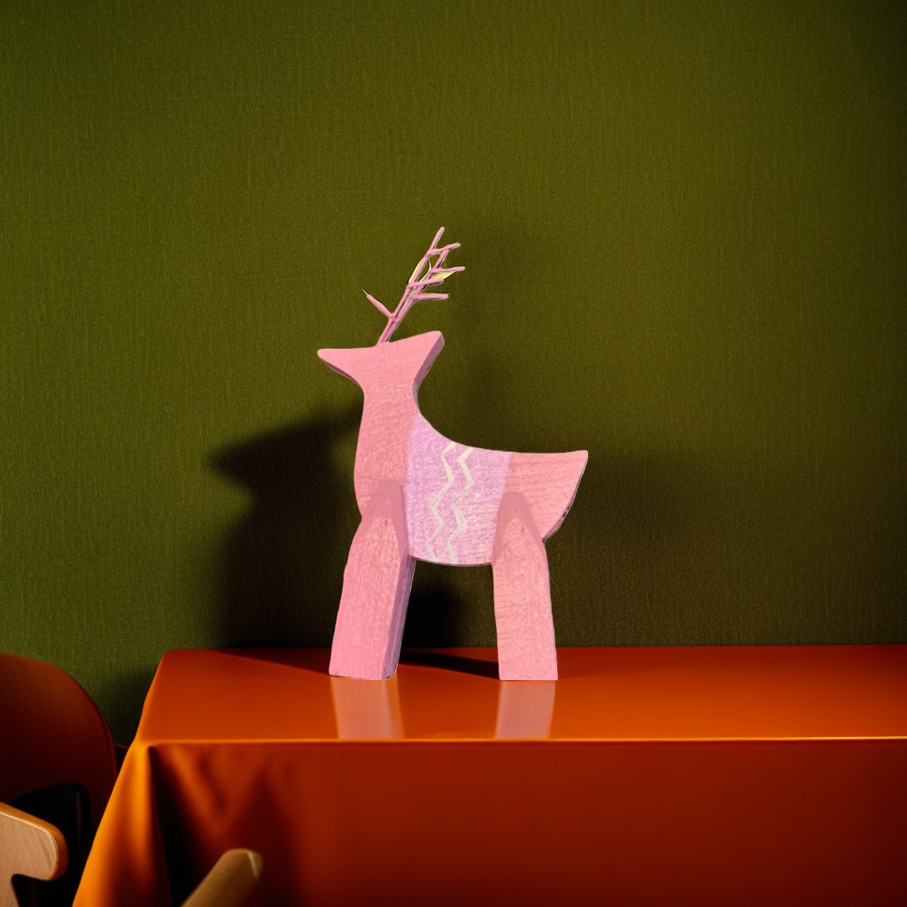 Pink wooden deer figurehead for home decoration, Nordic-style table decoration for living room and bedroom