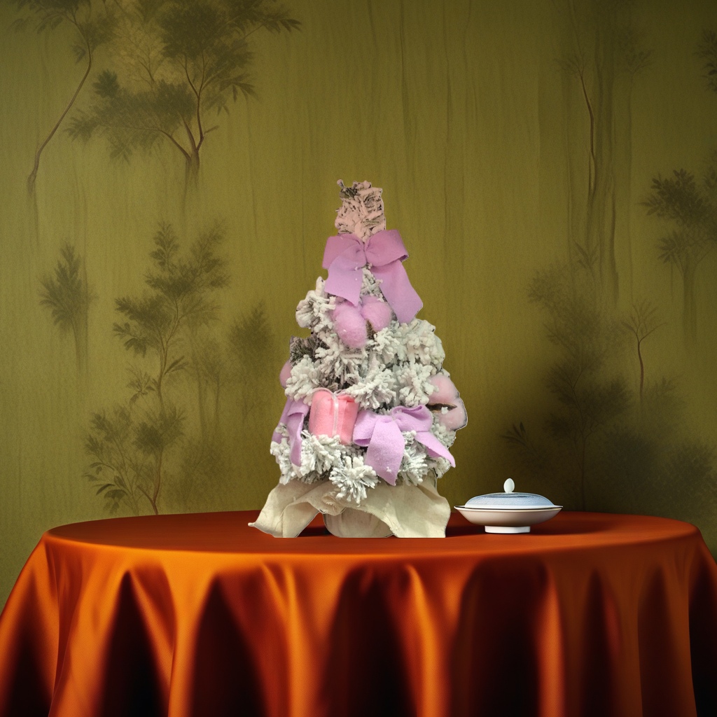 A pinkish-purple bow adorns the white cedar Christmas tree