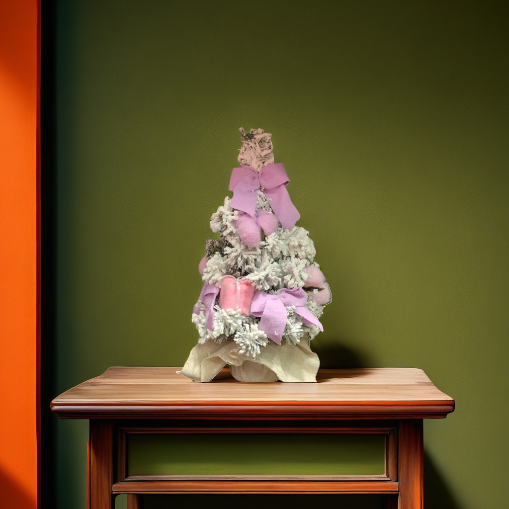 A pinkish-purple bow adorns the white cedar Christmas tree Application Scenario