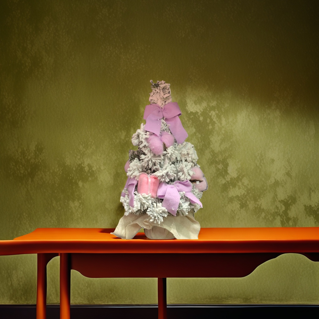A pinkish-purple bow adorns the white cedar Christmas tree Specification image