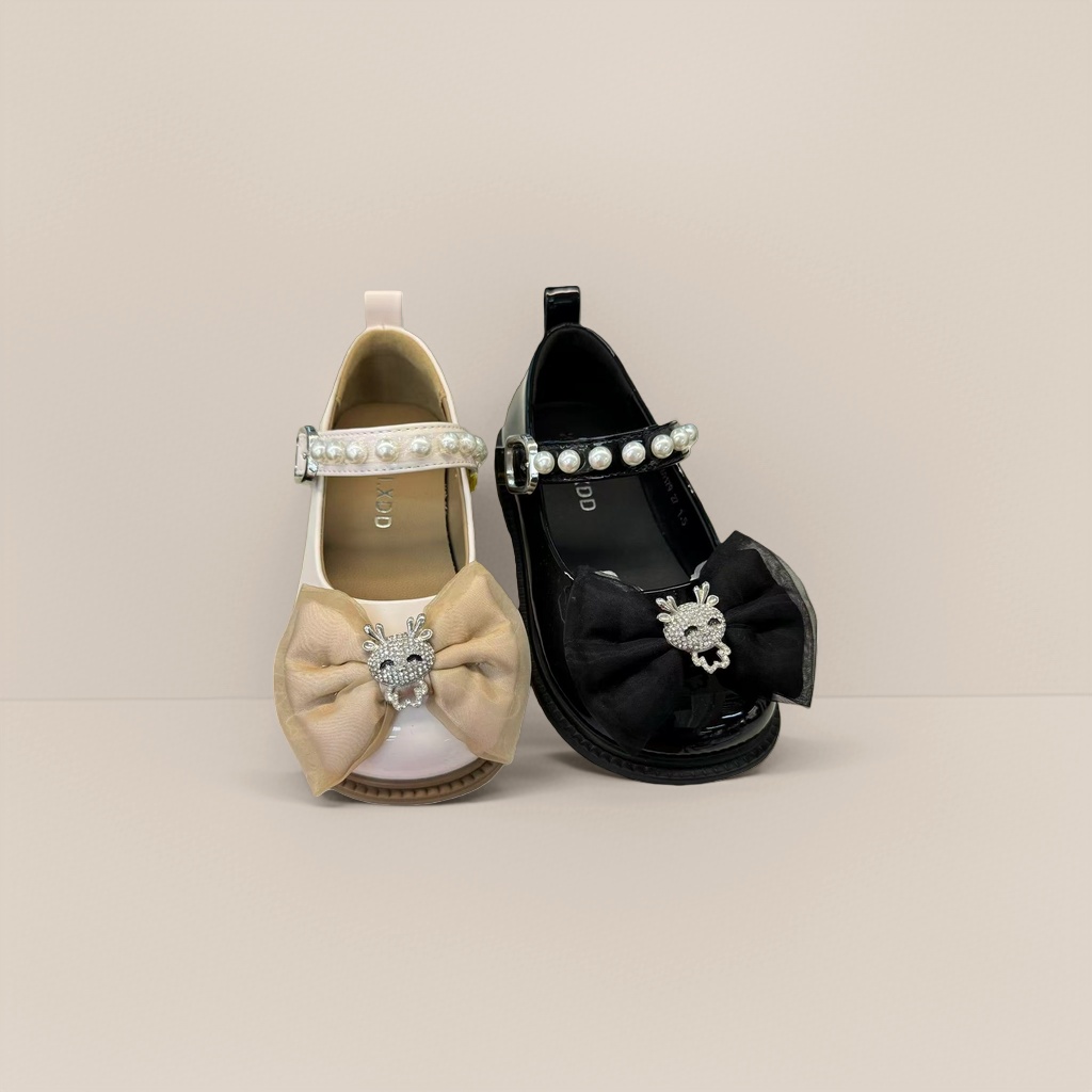 White and black pearl-decorated bow girls' shoes Specification image