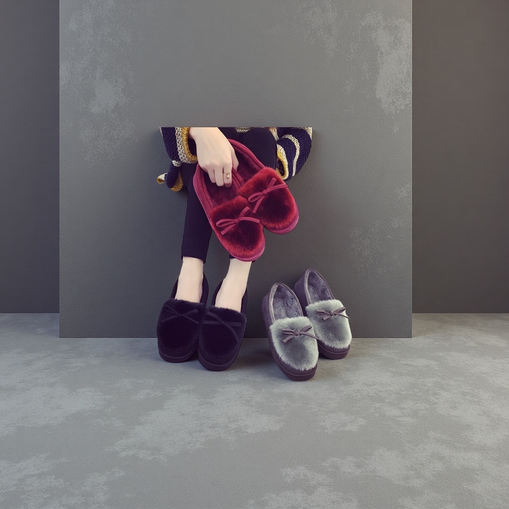 Red, black and grey plush bow slippers for both men and women, warm for home use Specification image
