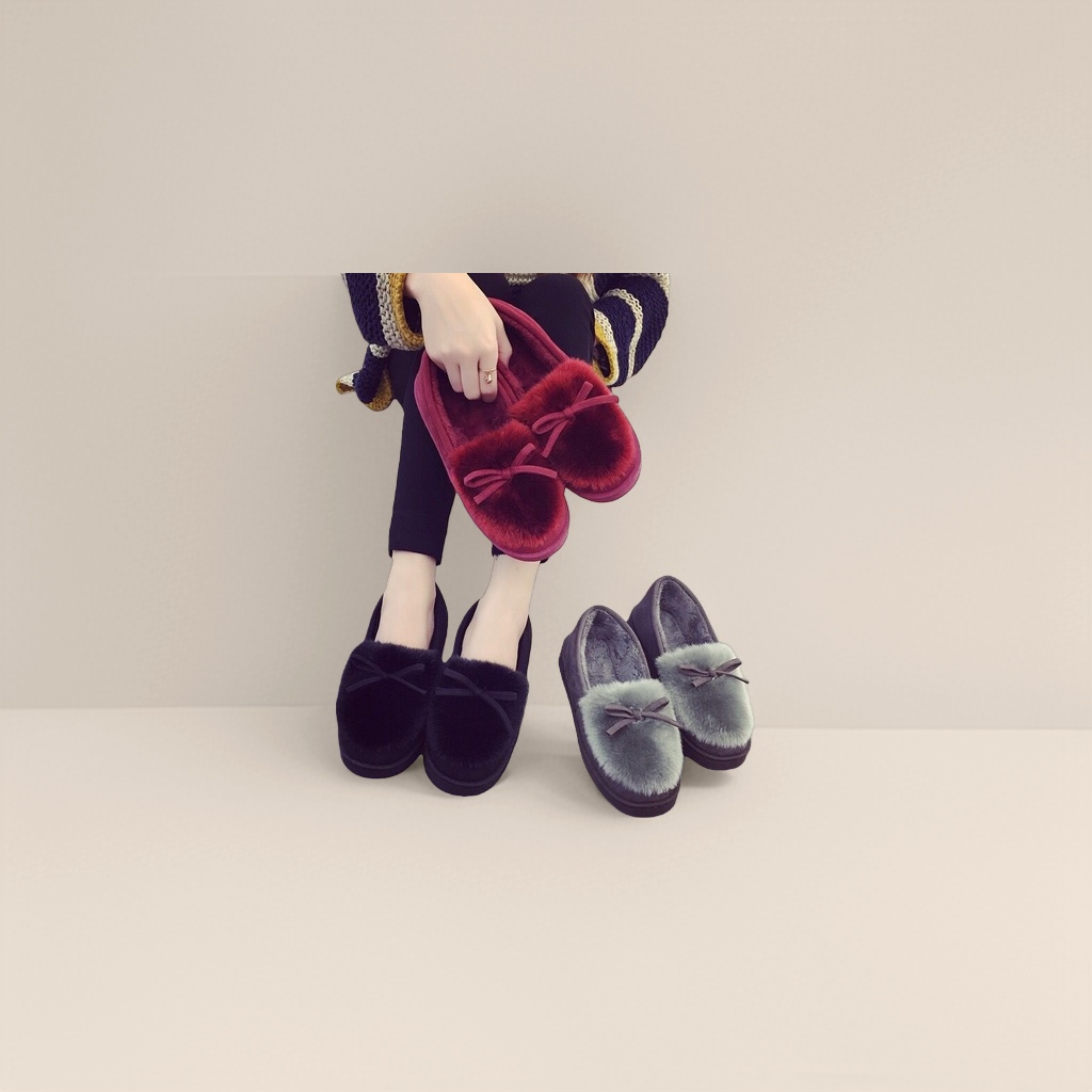 Red, black and grey plush bow slippers for both men and women, warm for home use details Picture