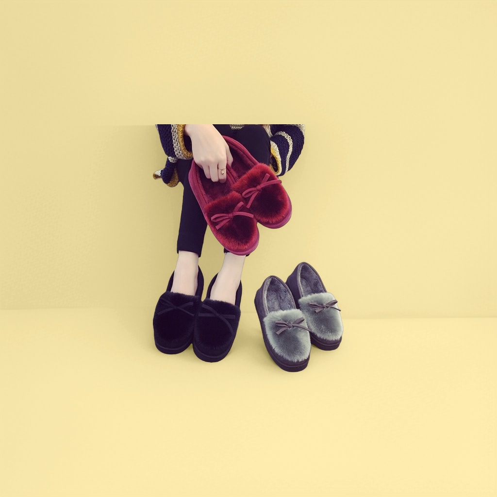 Red, black and grey plush bow slippers for both men and women, warm for home use Item Picture