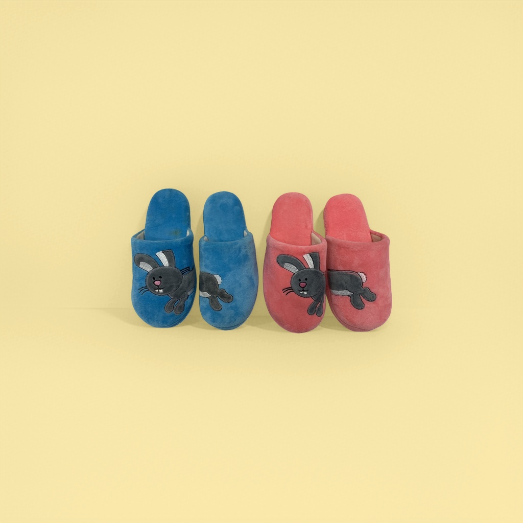 Blue and pink rabbit-patterned home slippers for both men and women, comfortable cotton details Picture