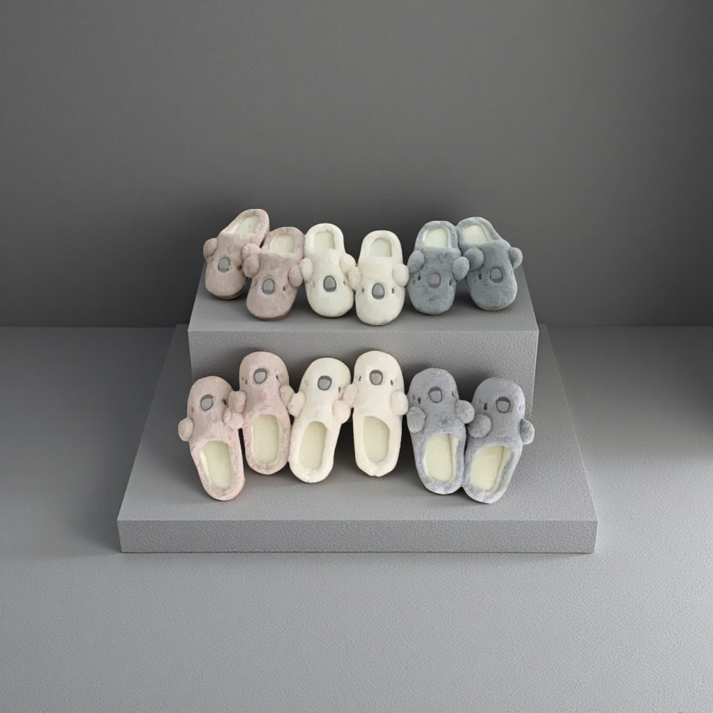 Pink, grey and white koala-shaped plush slippers, warm and cute cartoon couple style for home use Application Scenario