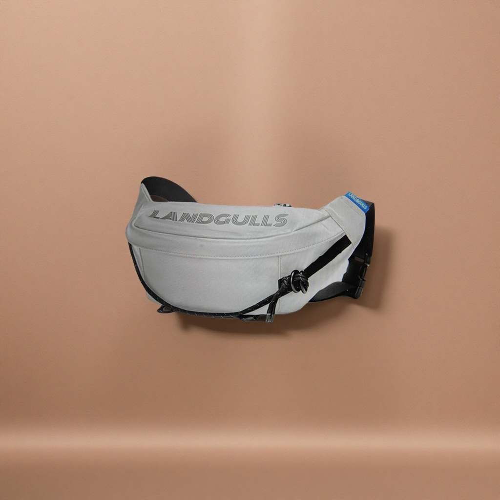The white waist bag, black shoulder strap and rope knot decoration, with the LANDGULLS word printed on the front