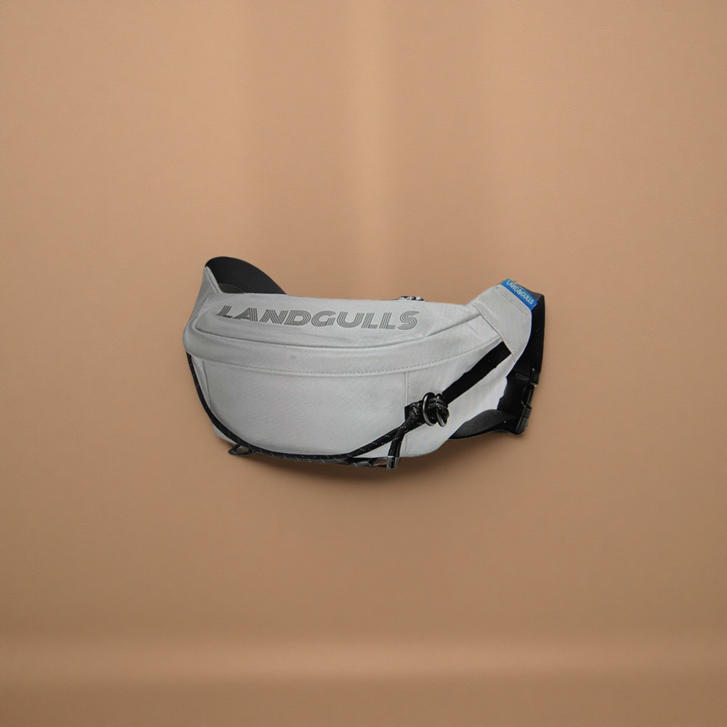 The white waist bag, black shoulder strap and rope knot decoration, with the LANDGULLS word printed on the front Application Scenario