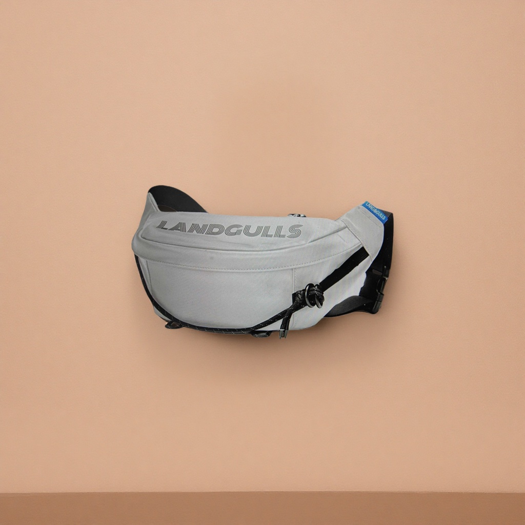 The white waist bag, black shoulder strap and rope knot decoration, with the LANDGULLS word printed on the front Specification image
