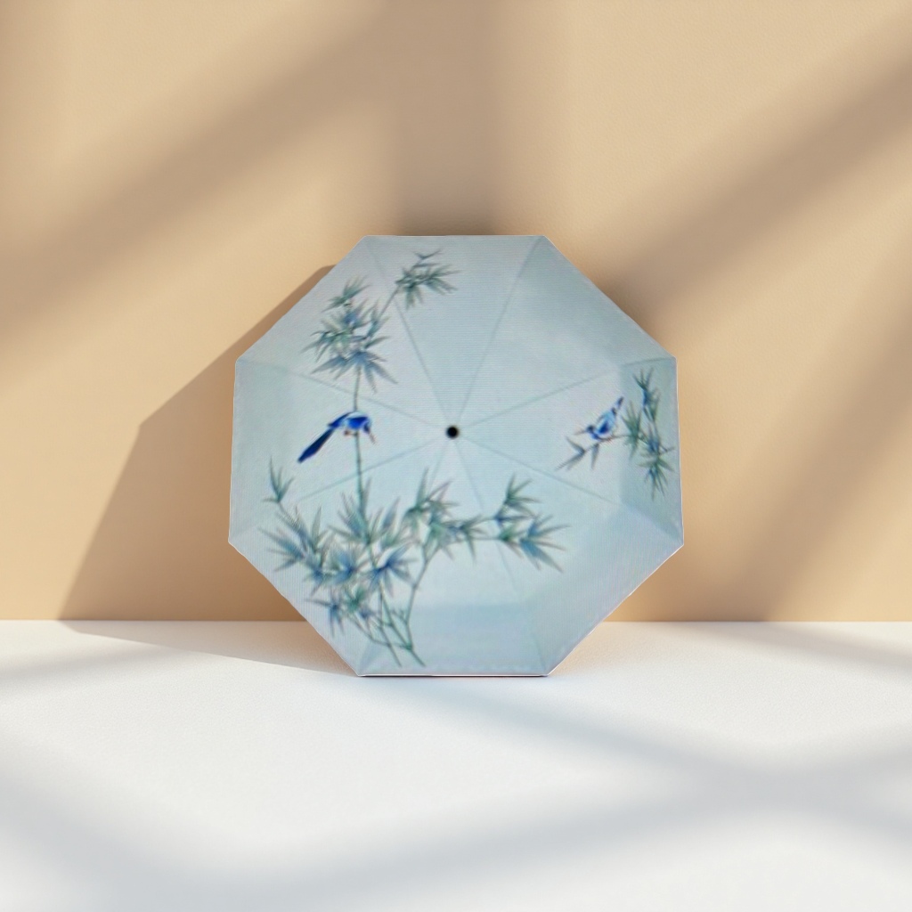 浅蓝色竹鸟图案雨伞产品图