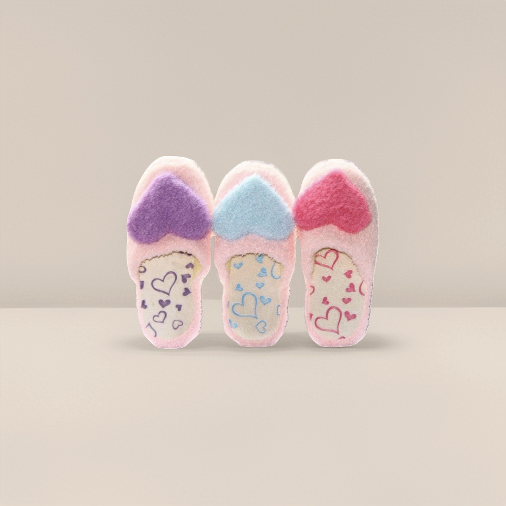 Pink plush slippers with heart-shaped decorations and heart-shaped pattern soles are cute and warm for home use details Picture