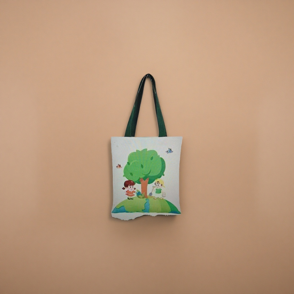 Bolsa de lona blanca con asas verdes para niños dibujos animados árbol pájaro tierra patrón eco tote bag Specification image