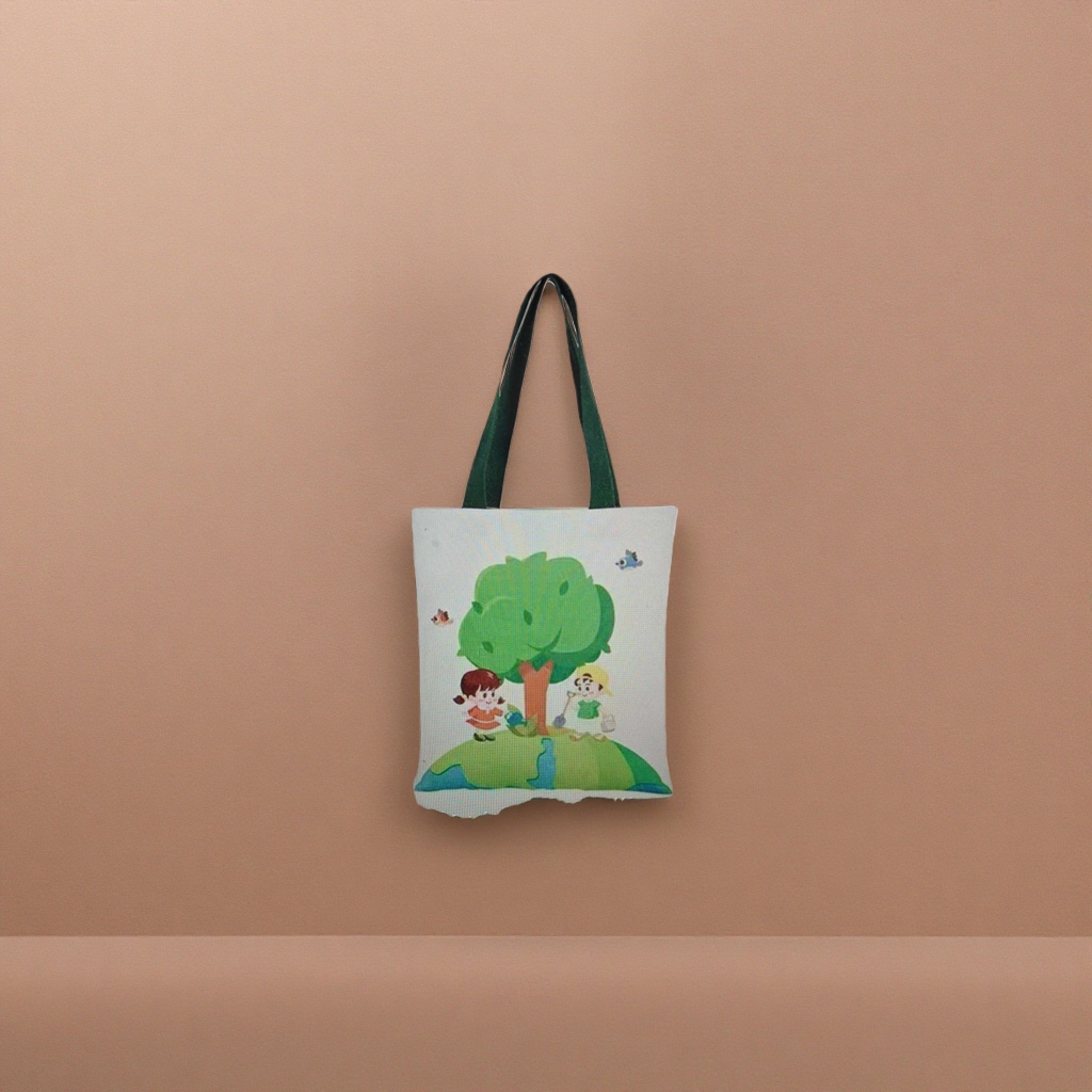 Bolsa de lona blanca con asas verdes para niños dibujos animados árbol pájaro tierra patrón eco tote bag