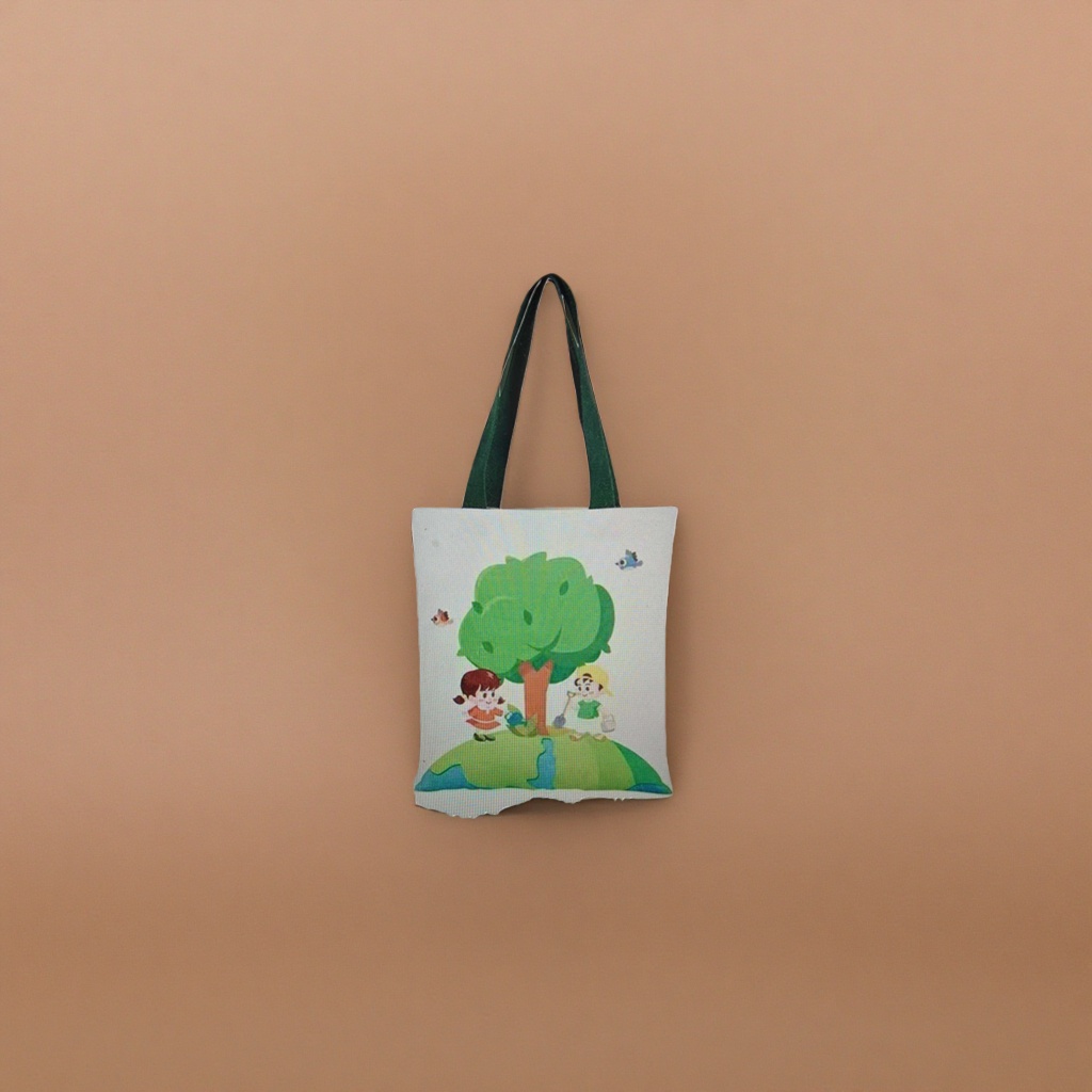 Bolsa de lona blanca con asas verdes para niños dibujos animados árbol pájaro tierra patrón eco tote bag Application Scenario