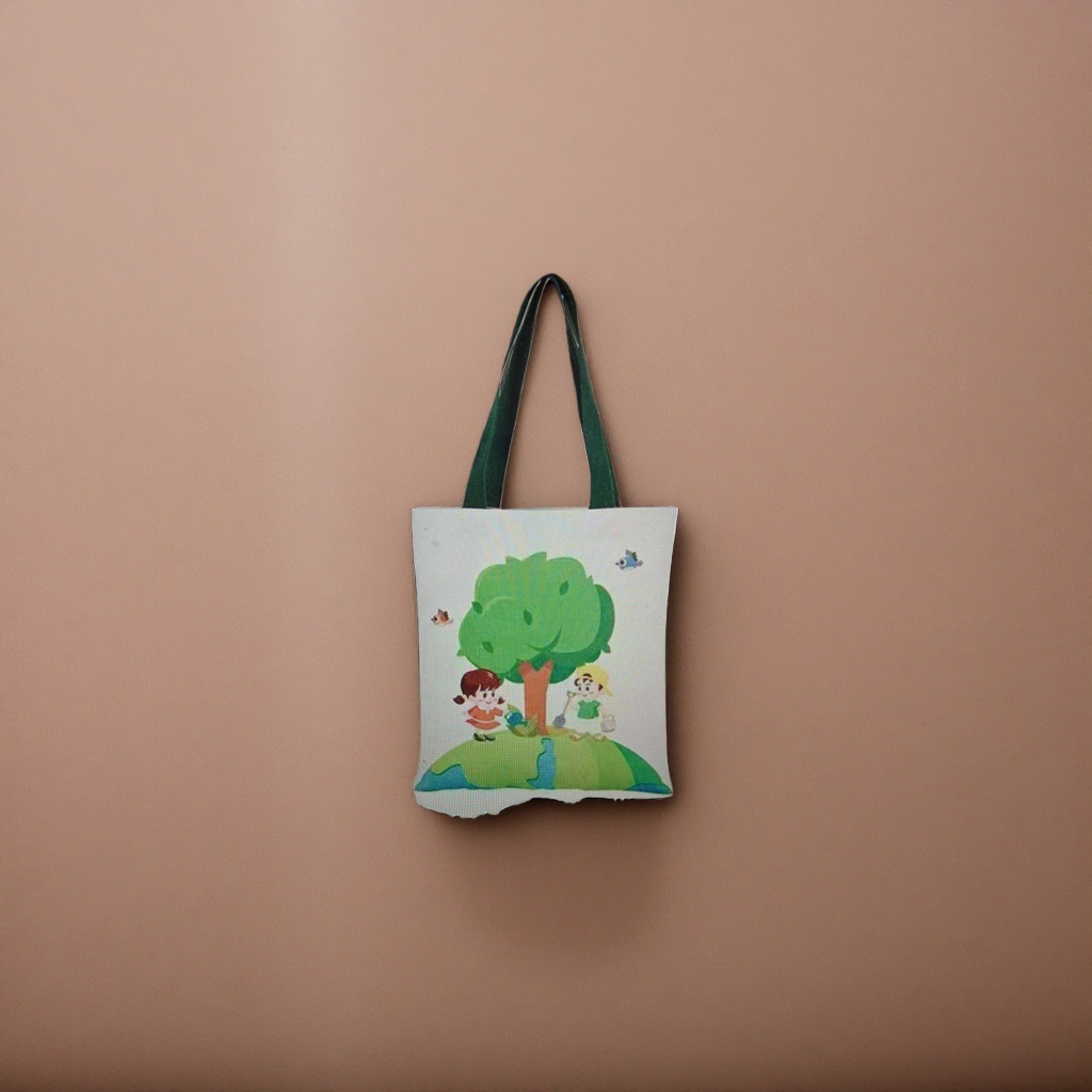 Bolsa de lona blanca con asas verdes para niños dibujos animados árbol pájaro tierra patrón eco tote bag details Picture