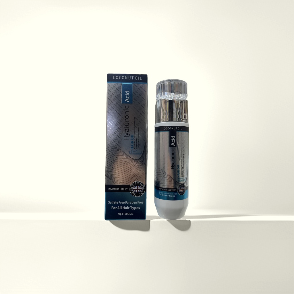 银色瓶身透明盖玻尿酸椰子油护发精油配包装盒产品图