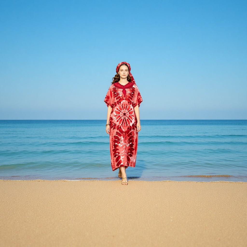 A red tie-dyed long dress with a headscarf, a literary and retro women's summer dress details Picture