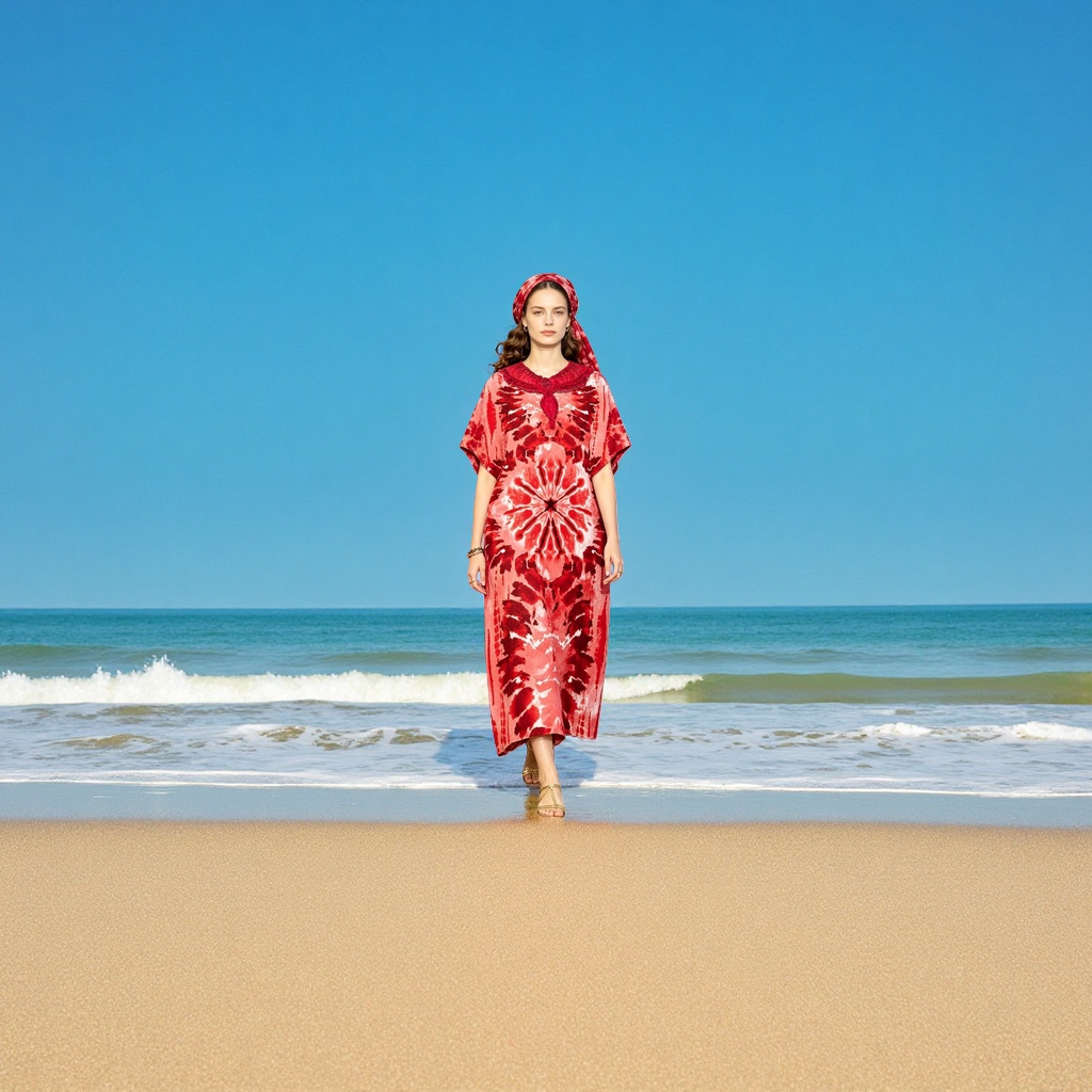 A red tie-dyed long dress with a headscarf, a literary and retro women's summer dress