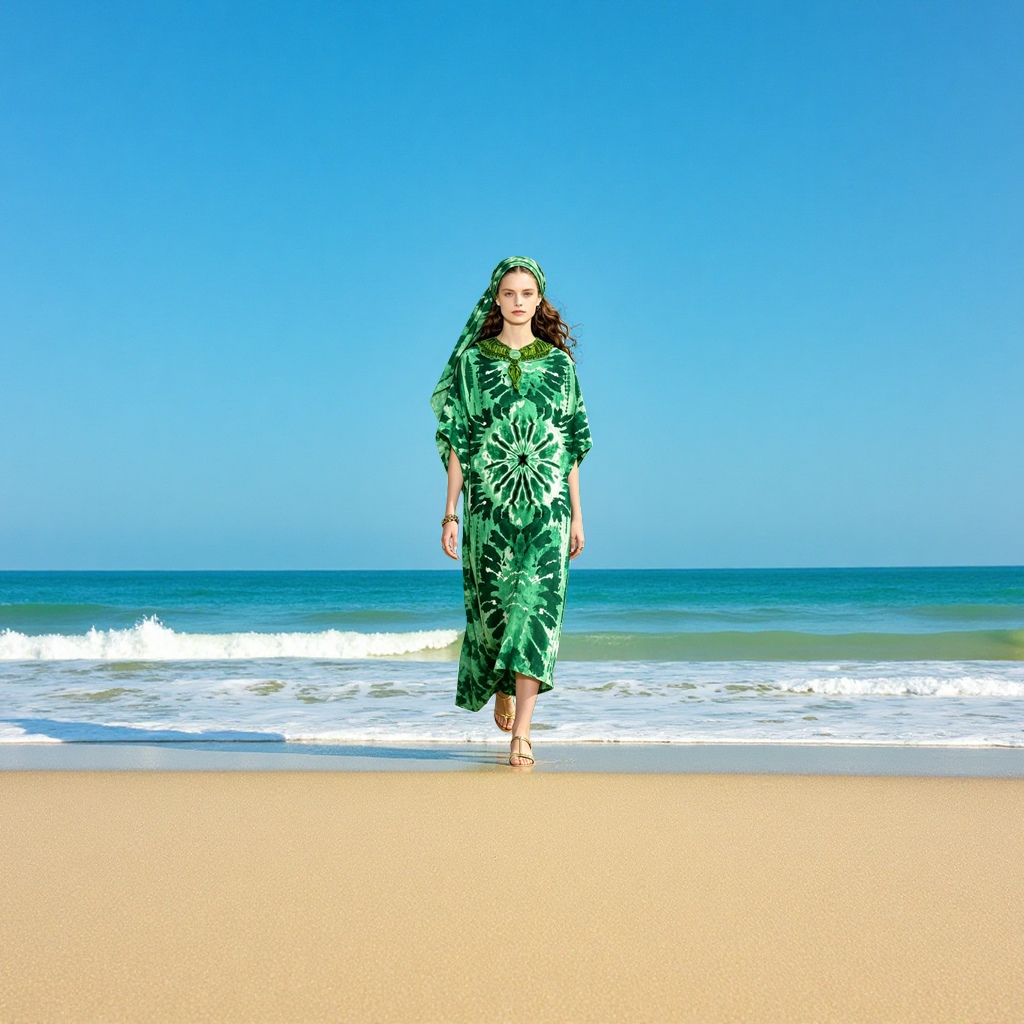 A red tie-dyed long dress with a headscarf, a literary and retro women's summer dress Application Scenario