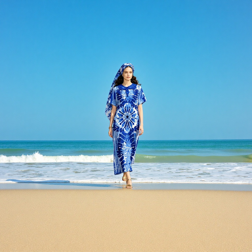 A red tie-dyed long dress with a headscarf, a literary and retro women's summer dress Specification image
