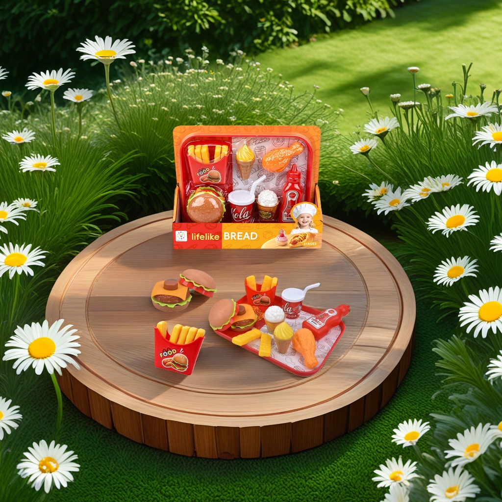 Colorful toy fast food set, hamburger, French fries, fried chicken legs, ice cream, cola cup, ketchup bottle, red tray