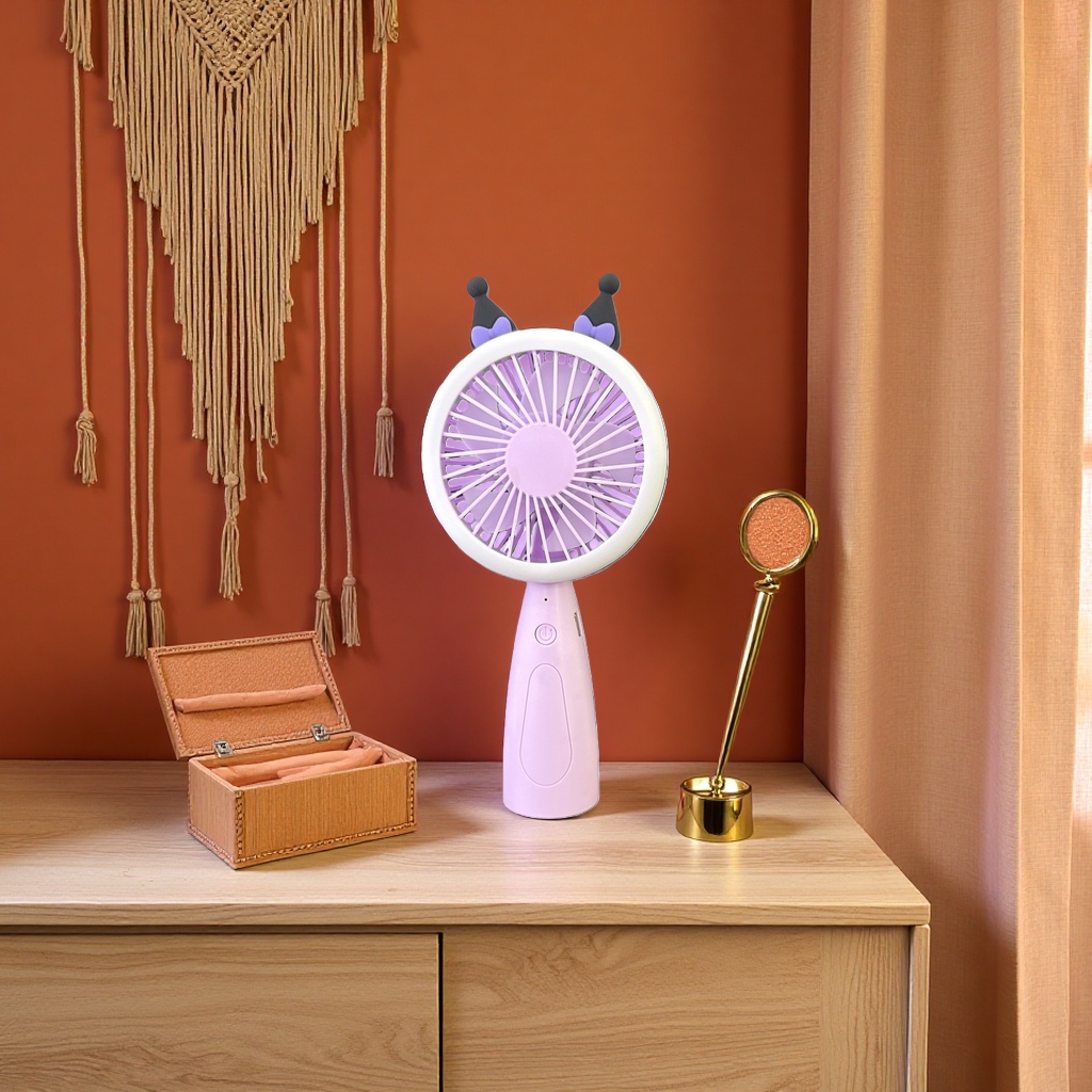 Three cartoon-shaped portable mini desktop fans with multi-speed adjustment and USB charging Application Scenario