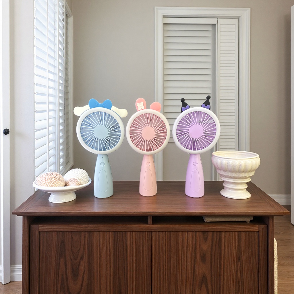 Three cartoon-shaped portable mini desktop fans with multi-speed adjustment and USB charging details Picture