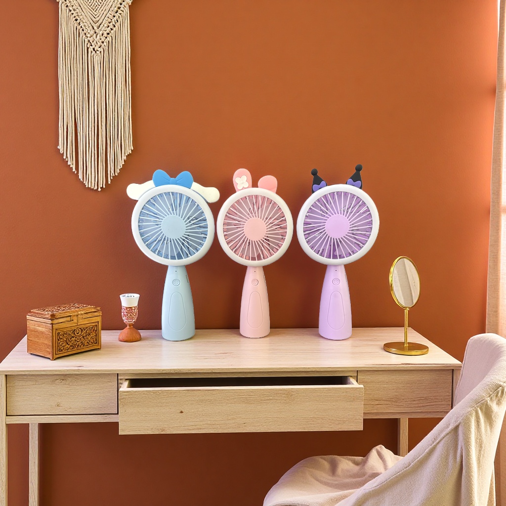 Three cartoon-shaped portable mini desktop fans with multi-speed adjustment and USB charging
