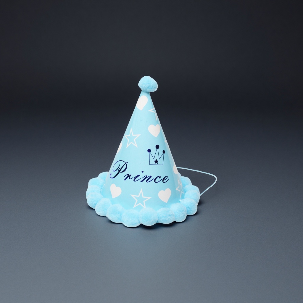 浅蓝色派对帽 帽顶帽沿饰浅蓝绒球 帽身印白心形星形Prince皇冠