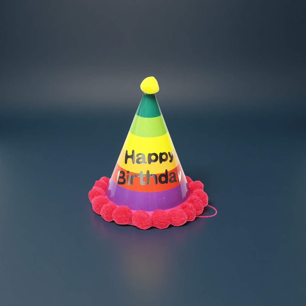 彩虹条纹生日帽，顶部黄色绒球，底部红色绒球装饰，印有“Happy Birthday”字样细节图