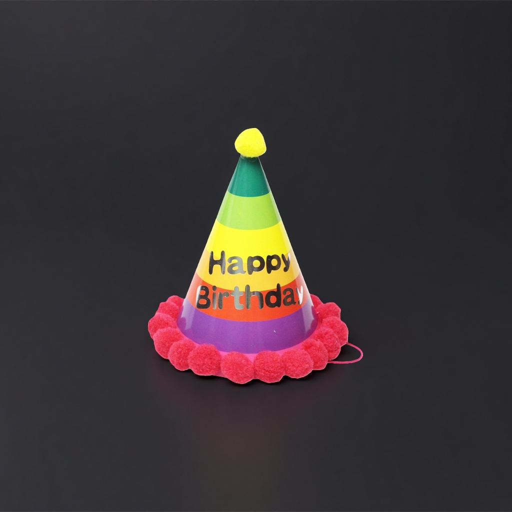 彩虹条纹生日帽，顶部黄色绒球，底部红色绒球装饰，印有“Happy Birthday”字样产品图