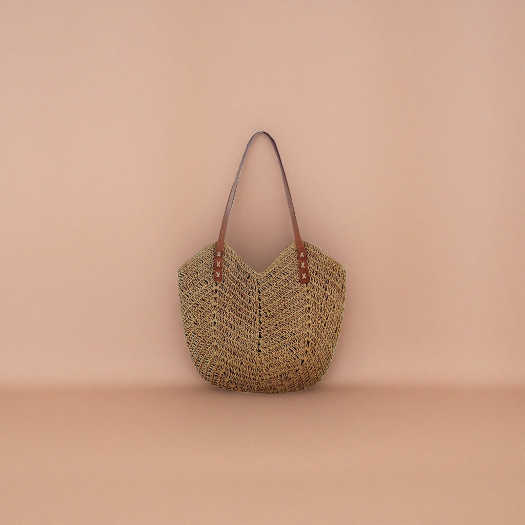 Brown woven handbag for women, simple and fashionable, large-capacity tote bag for commuting details Picture