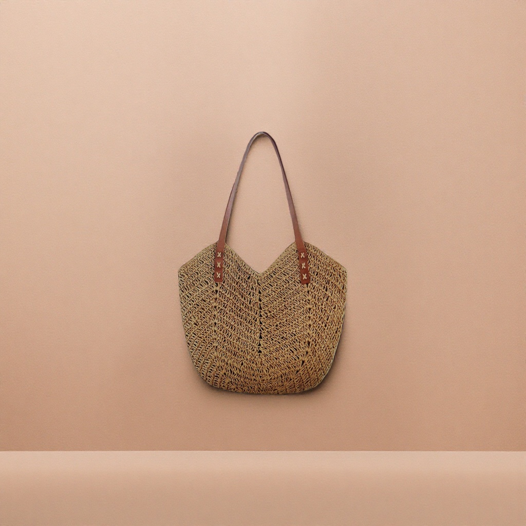 Brown woven handbag for women, simple and fashionable, large-capacity tote bag for commuting