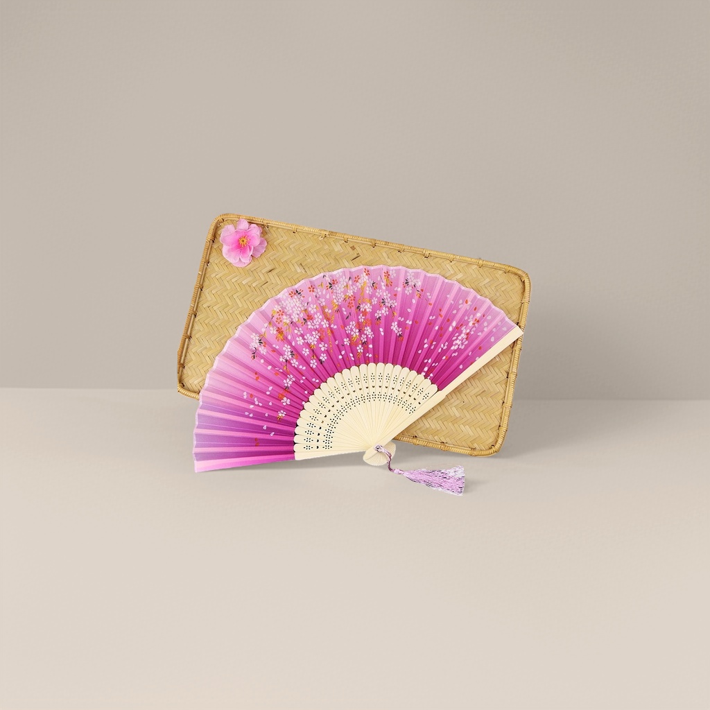 粉色渐变樱花图案折扇 手工竹骨团扇 纳凉古风装饰扇