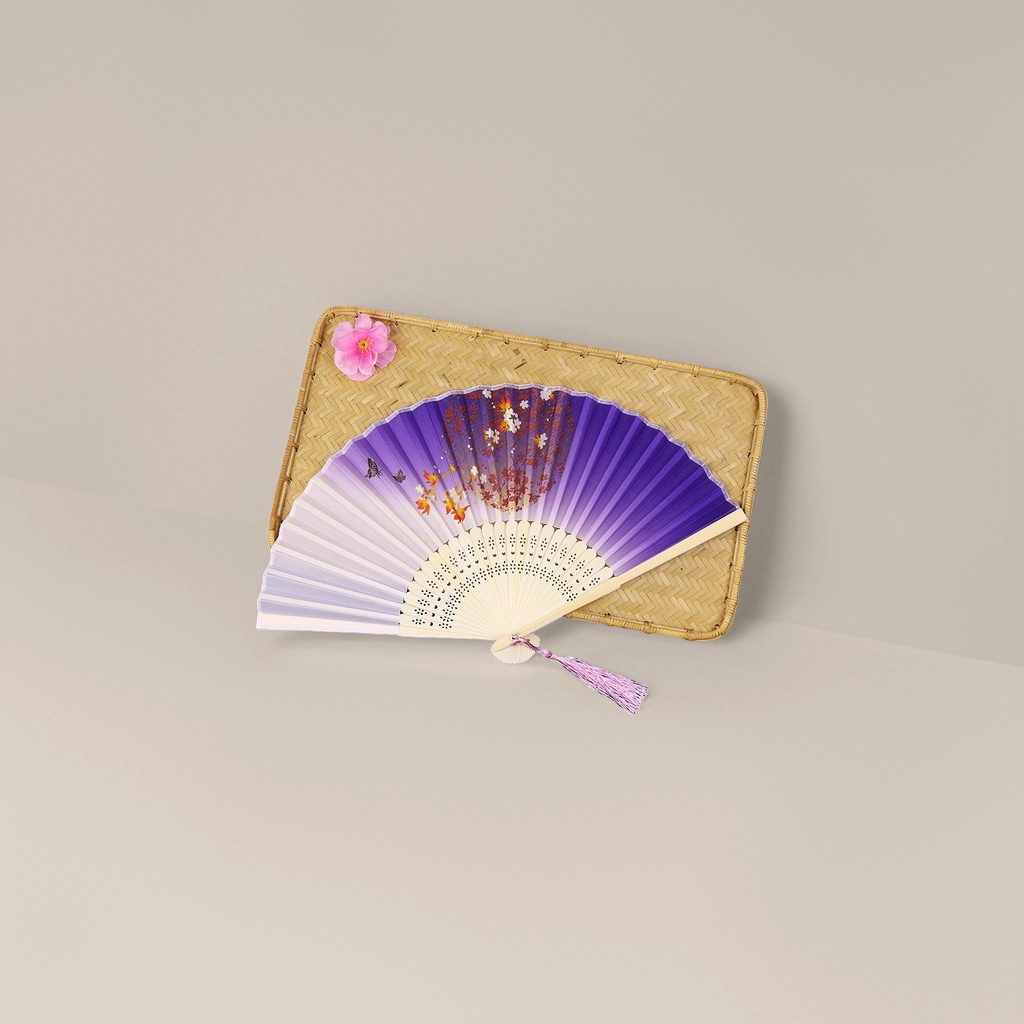 紫色渐变花卉图案折扇 手工竹骨团扇 夏日纳凉古风扇