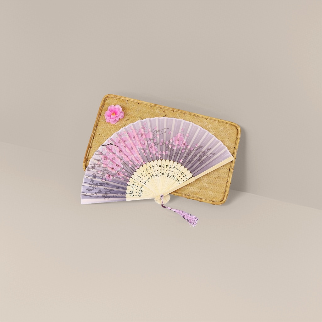 粉色樱花图案折扇 手工竹骨团扇 夏日古风纳凉扇