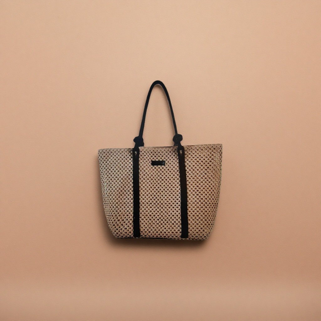 Beige woven handbag with black knot handle, simple and fashionable single-shoulder bag for ladies details Picture